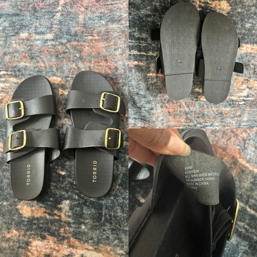torrid Black Double Buckle Slide Sandals with Gold Buckles
